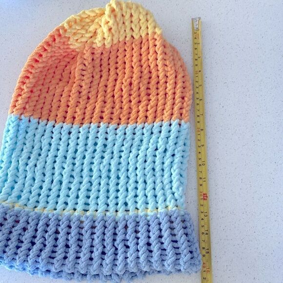 Oversized Colorful Hand-knitted Hat Blue Orange Yellow Crochet Artsy Fun - Picture 7 of 8